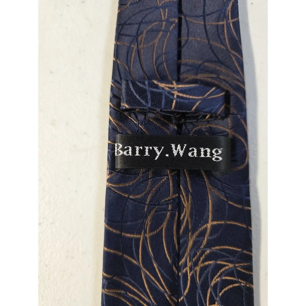Barry Wang Mens Classic Abstract Gold Rose Blue Silk Necktie Designer Business